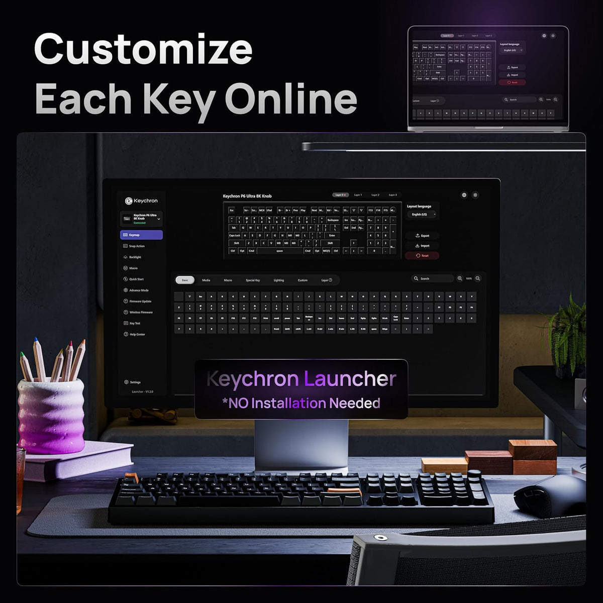 Keychron P6 Ultra Teclado Mecánico Inalámbrico de Aluminio tamaño completo, Tasa de sondeo 8K, 2.4 GHz/Bluetooth/Con cable, RGB personalizable, Hot-Swappable con Switch Silk POM Red para Mac Windows Linux - Negro