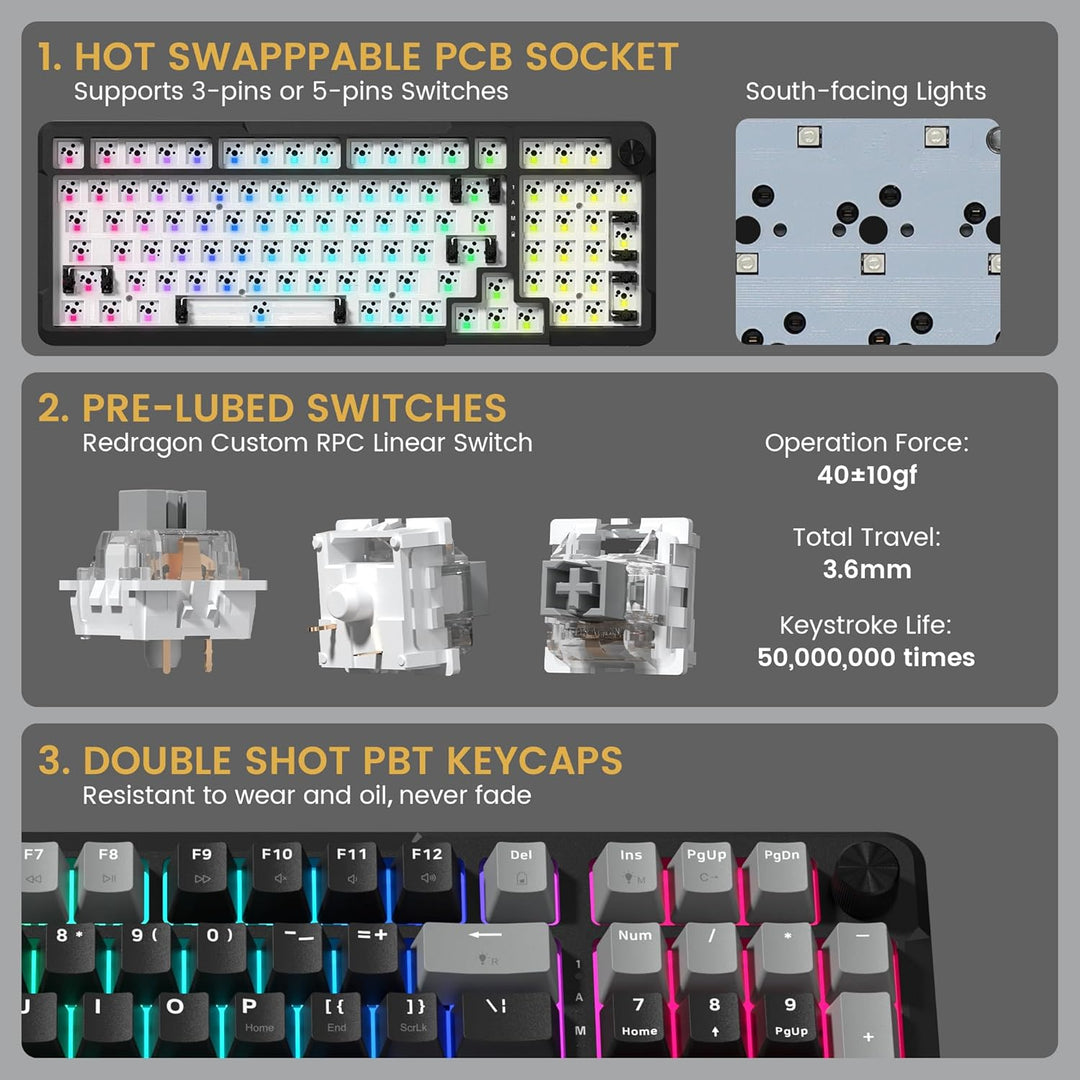 Redragon K742 Teclado Mecánico Inalámbrico para Juegos con Perilla,...