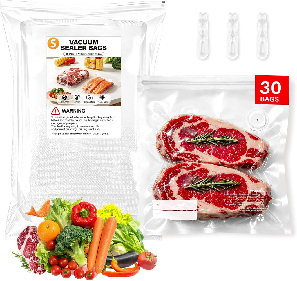 Bolsas reutilizables selladoras al vacío para alimentos, 30 bolsas pequeñas sin BPA (8 x 10 pulgadas), aptas para congelador, microondas, resistentes al olor, a prueba de fugas, compatibles con