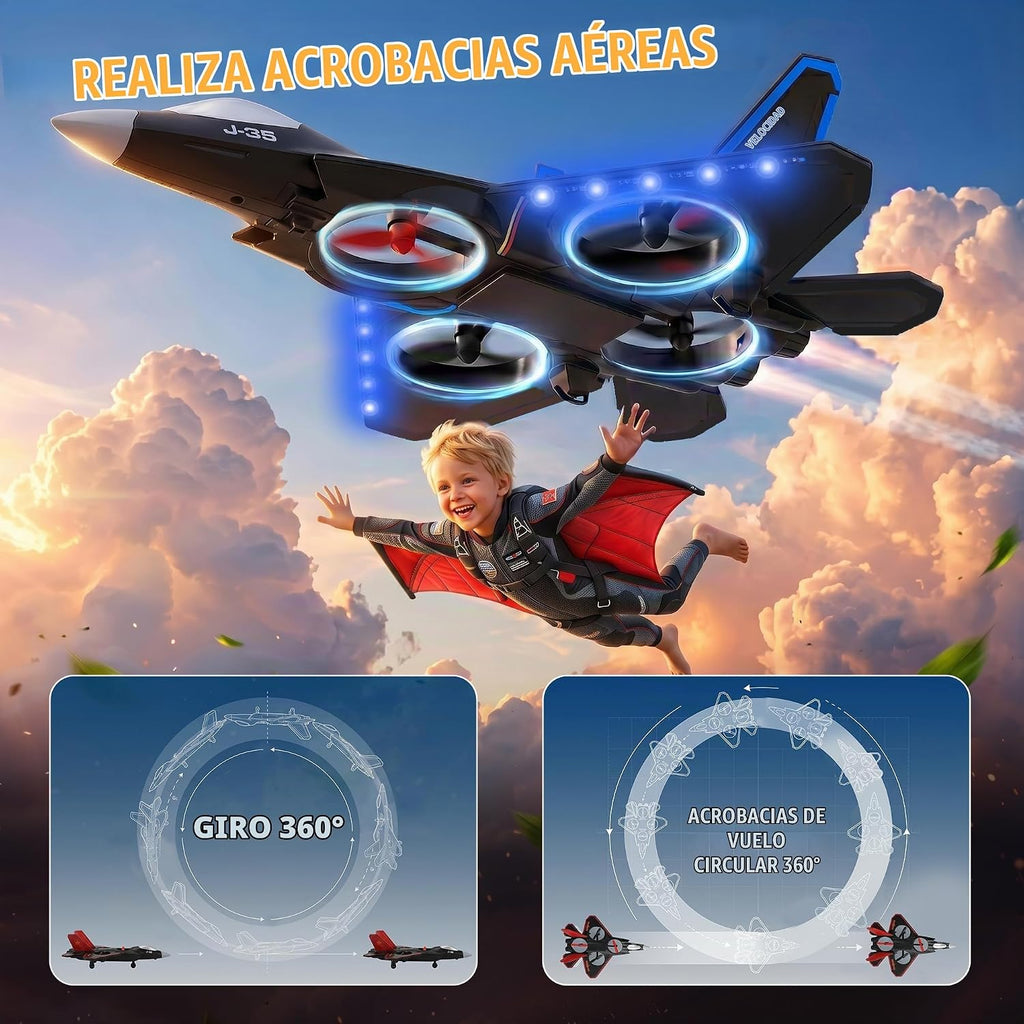 BEZGAR Avión Fighter Jet RC Juguete con luces LED y giro de 360°, azul