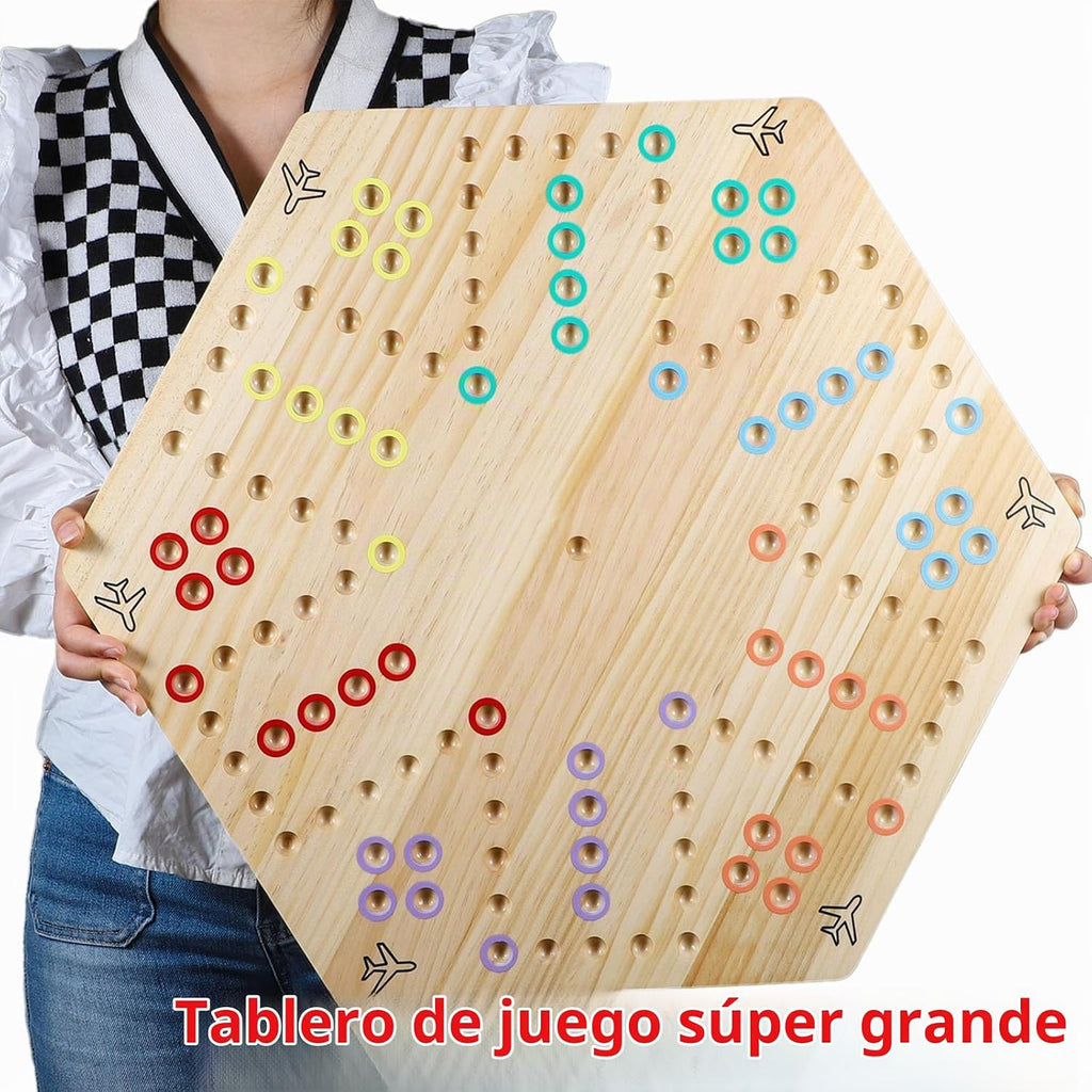 HOROW Wahoo - Juego de mesa original de madera de 23.6 pulgadas, clásico juego de pista rápida pintado de 2 lados para 4 jugadores y 6 jugadores con 30 canicas, 6 dados para noche de juegos familiares (extra grande)