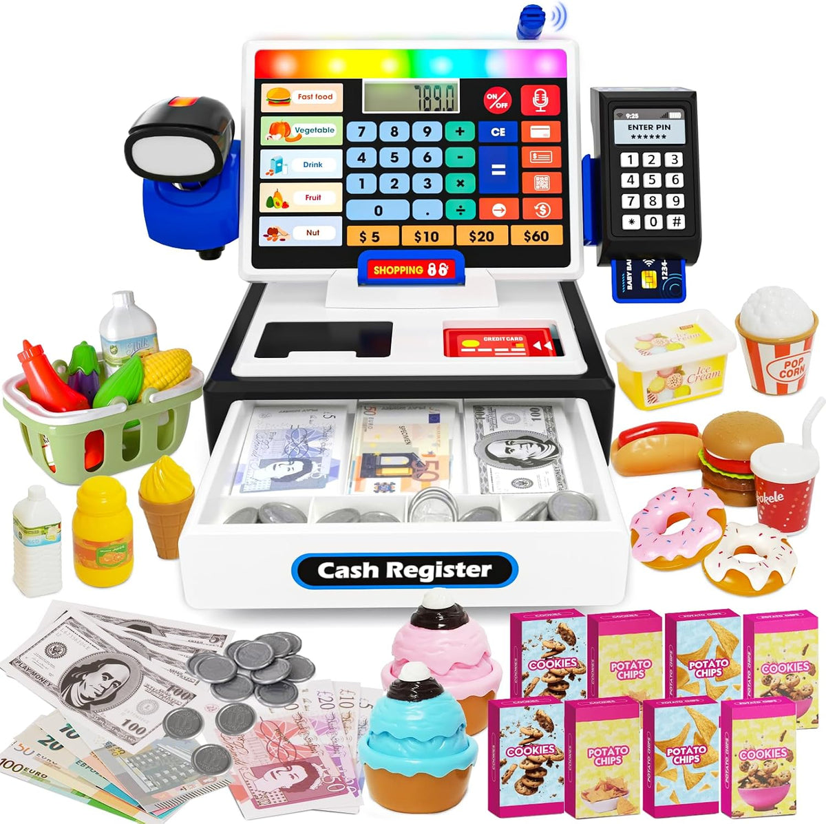 Calculadora LED de juguete de caja registradora, juego de simulación, caja registradora para niños con escáner, micrófono y tarjeta de crédito, juguete de habilidades matemáticas para niños de 3, 4, 5