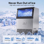 Uthfy Máquina de hielo comercial de 170 libras/24 horas, máquina de hielo debajo de la encimera, 50 cubos de hielo en 14 minutos, almacenamiento de 55 libras, filtro de agua y autolimpieza, máquina de