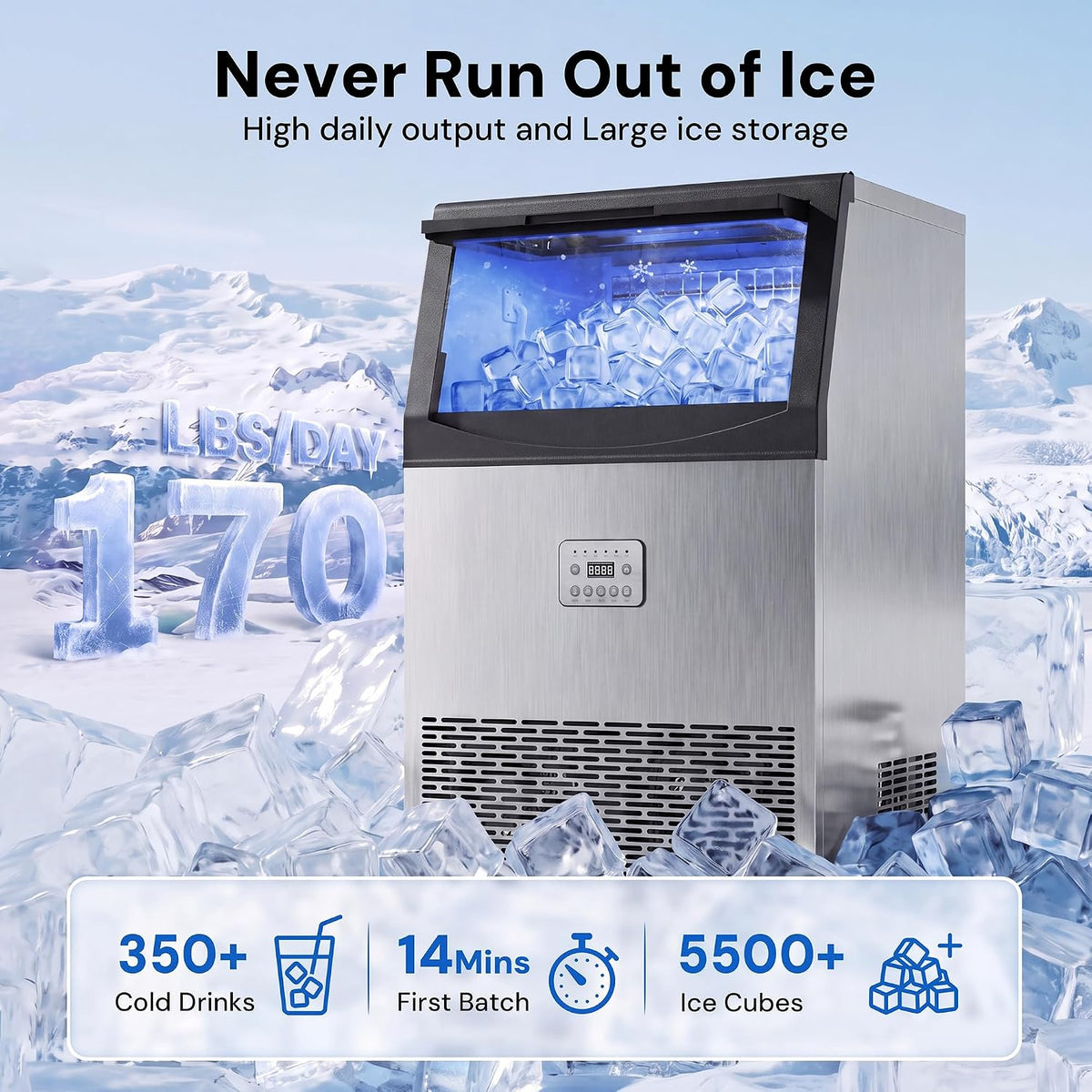 Uthfy Máquina de hielo comercial de 170 libras/24 horas, máquina de hielo debajo de la encimera, 50 cubos de hielo en 14 minutos, almacenamiento de 55 libras, filtro de agua y autolimpieza, máquina de