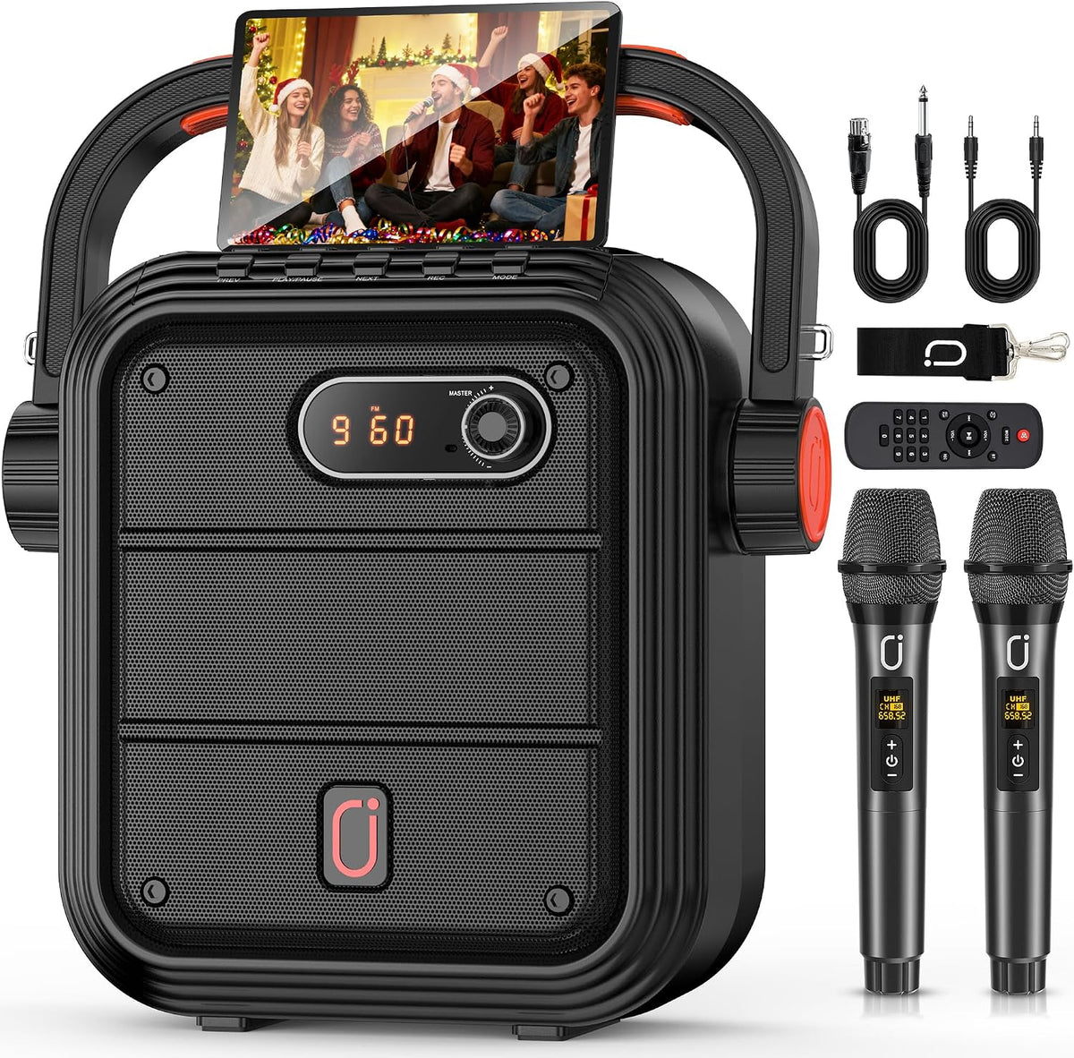JYX Máquina de karaoke con 2 micrófonos inalámbricos, altavoz Bluetooth portátil con correa de hombro, sistema de PA con soporte para subwoofer TWS, USB, radio, AUX, función para grabar, bajos y