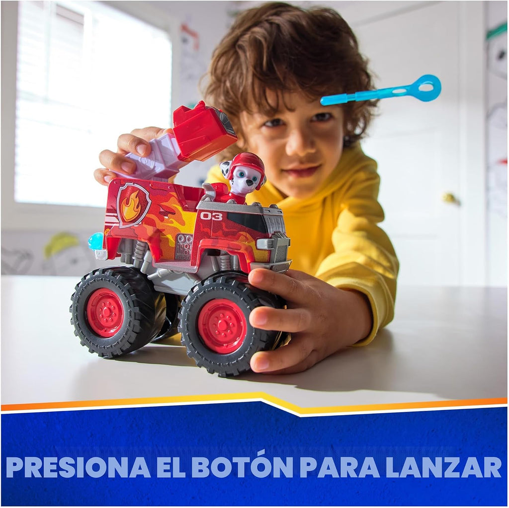 PAW Patrol: Rescue Wheels Marshall’s Firetruck, Camión de juguete con lanzador de proyectiles y figura de acción coleccionable, juguetes para niños y niñas de 3 años en adelante