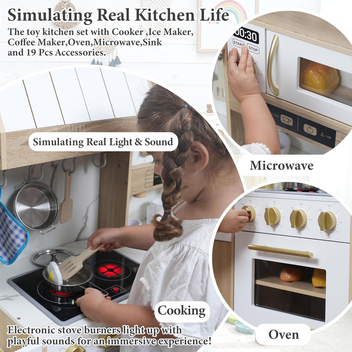 Cocina de madera para niños con luces y sonidos, diseño moderno