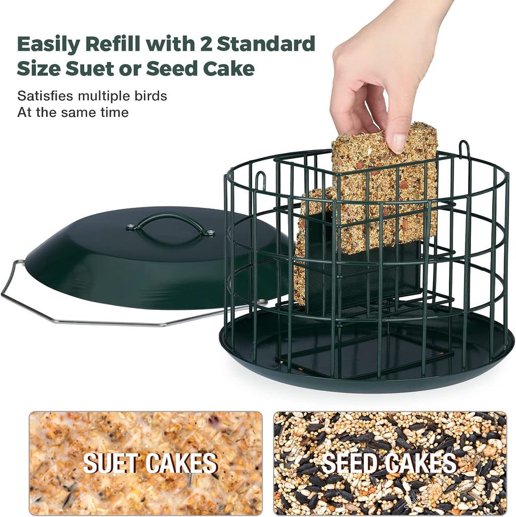 Kingsyard Comedero de sebo a prueba de ardillas, comedero para pájaros en jaula para colgar al aire libre, todo de metal, capacidad de doble sebo para pastel, bandeja y resistente a la intemperie, verde