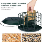 Kingsyard Comedero de sebo a prueba de ardillas, comedero para pájaros en jaula para colgar al aire libre, todo de metal, capacidad de doble sebo para pastel, bandeja y resistente a la intemperie, verde