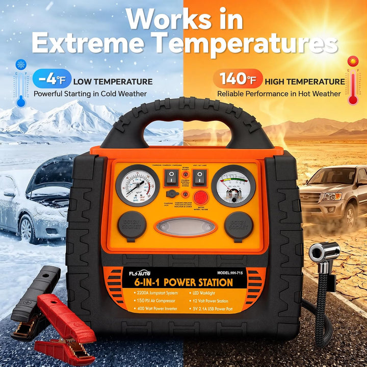Arrancador portátil con compresor de aire, batería FlyAuto 2200A Bo...
