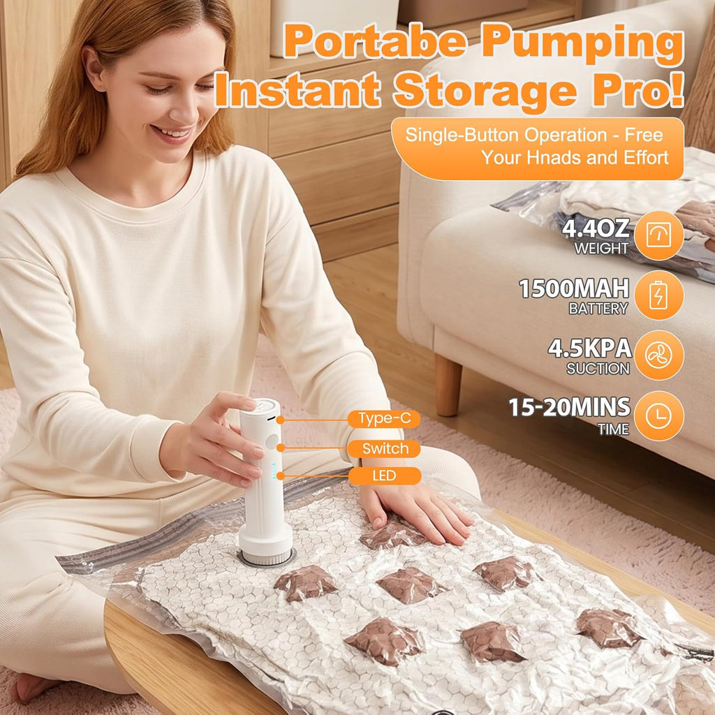 10 bolsas de almacenamiento al vacío jumbo con bomba inalámbrica, bolsas grandes de sellado al vacío para ropa, edredones, mantas, almohadas, suéter, bolsa de embalaje de compresión ahorradora de