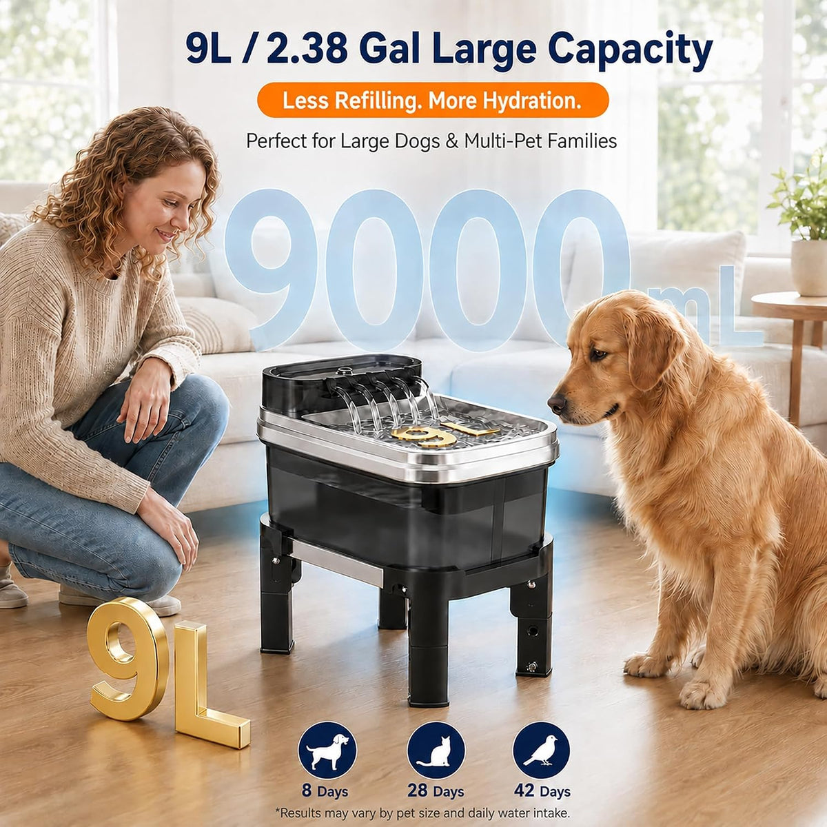 RPZ Fuente de agua elevada para perros de 9L con filtro para perros