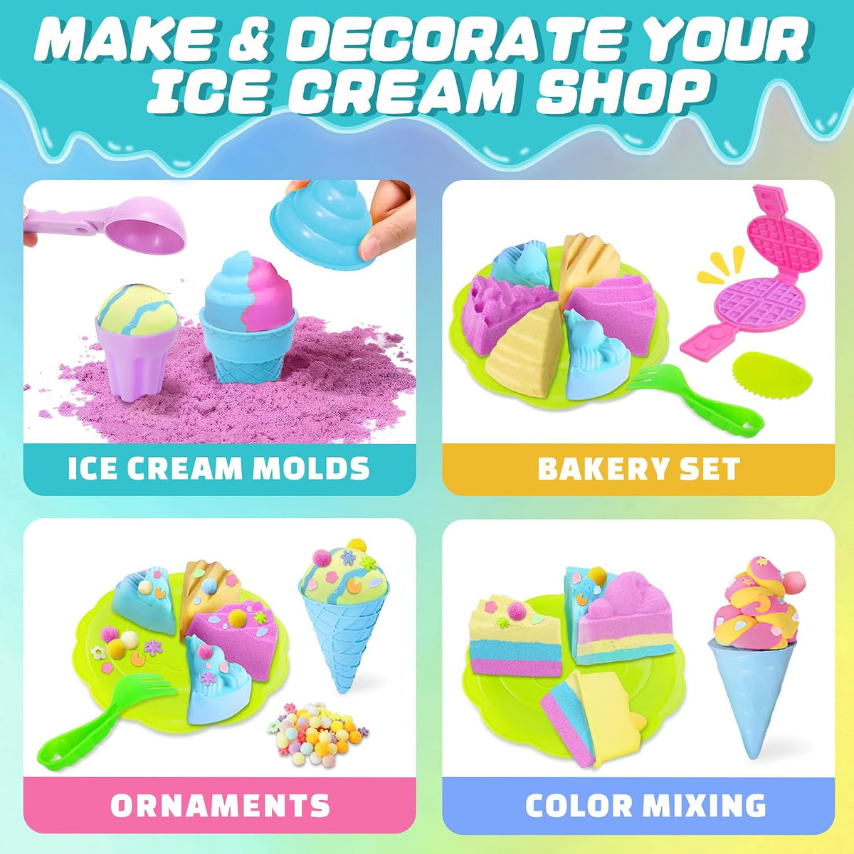 Contenedor sensorial – Juego de hornear y hacer helados con kit de arena de juego de 3.3 libras, moldes para pasteles de gofres y herramientas de arena, tienda de juguetes de helado