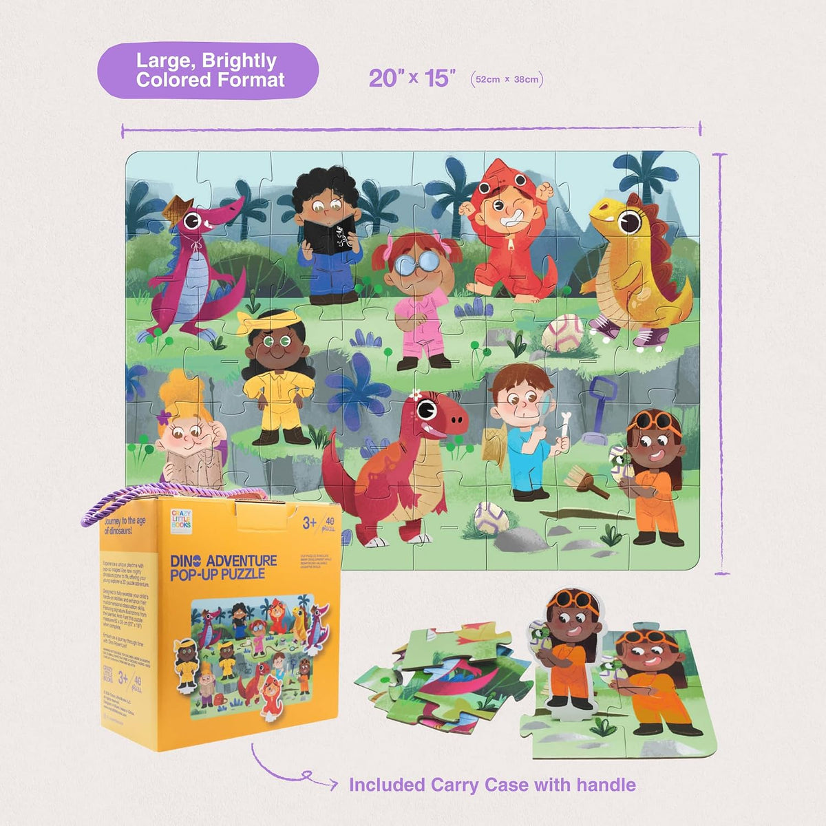 Rompecabezas de dinosaurios para niños de 3 a 6 años, 40 piezas + 10 elementos emergentes, habilidades motoras finas educativas preescolares. Rompecabezas de piso prehistórico Crazy Little Books para