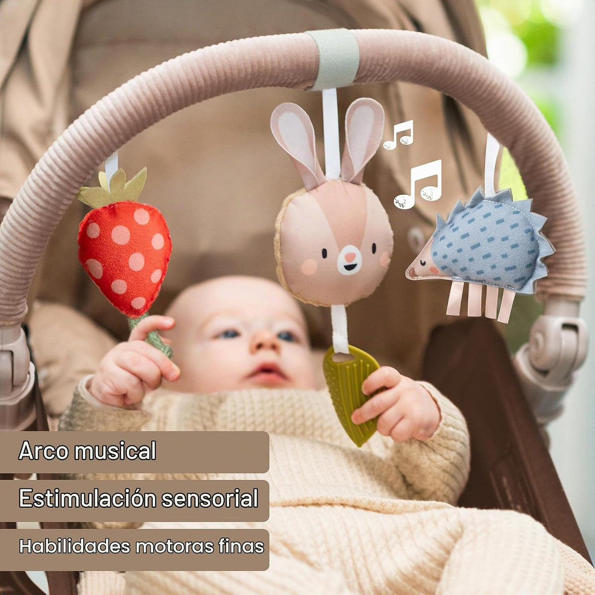 Taf Toys Arco de actividad: ideal para bebés y niños pequeños, se adapta a cochecito y cochecito, estimula los sentidos del bebé, más fácil al aire libre (arco de conejo musical)