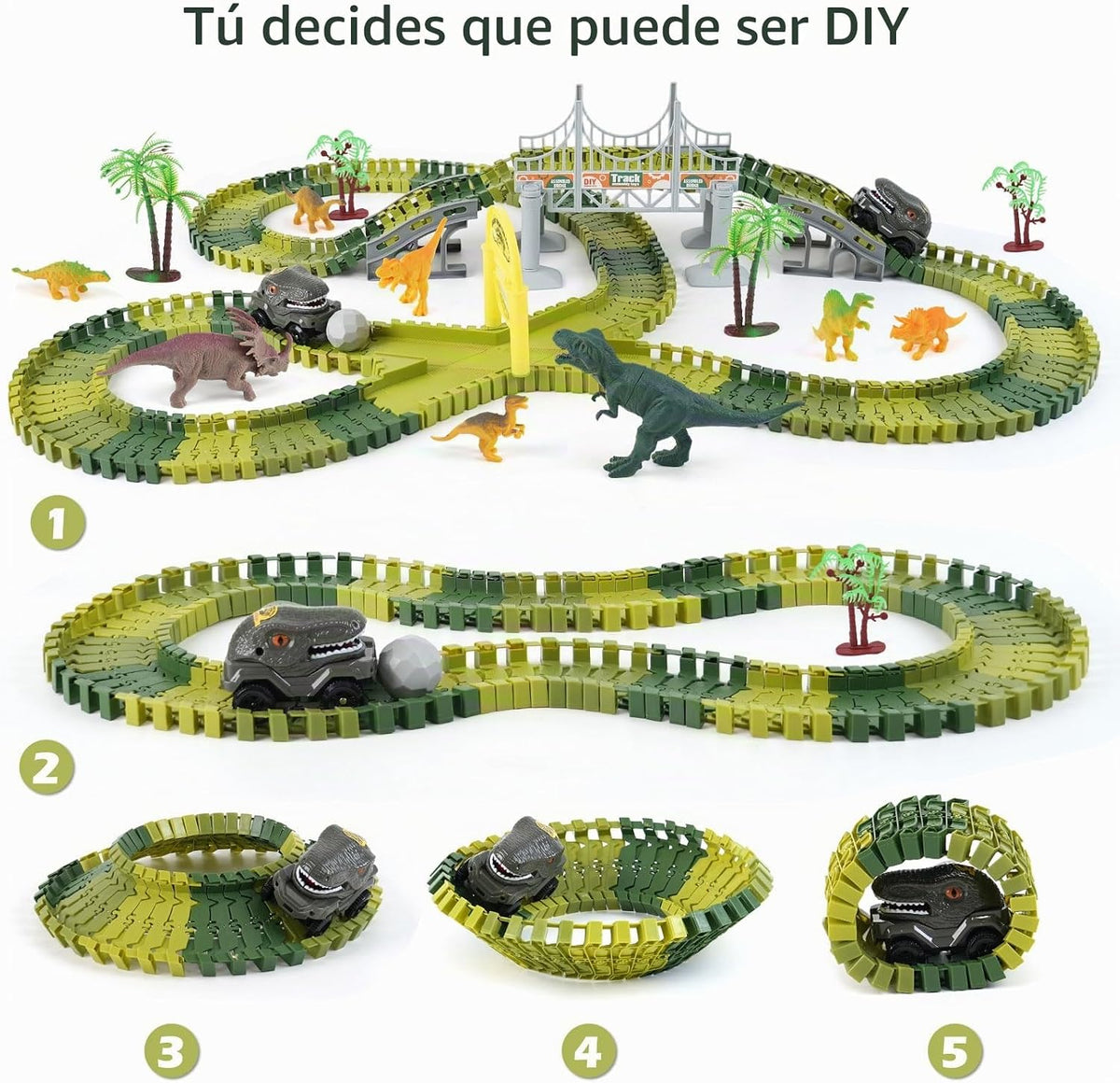 Juguetes de carreras de dinosaurios para niños, regalos de cumpleaños para niños y niñas de 3, 4, 5, 6, 7 años, más de 255 piezas, juego de construcción de dinosaurios con pista flexible, hazlo