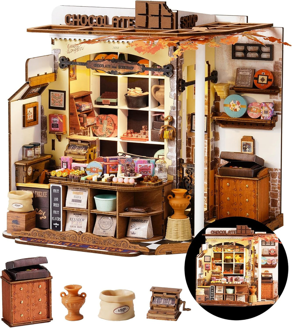 Rolife Kit de Casa en Miniatura DIY Henry's Chocolate Shop, Casa Pequeña Book Nook para Decoración de Estantería, Kit de Construcción de Modelos Rompecaabezas 3D para Adolescentes, Regalos de
