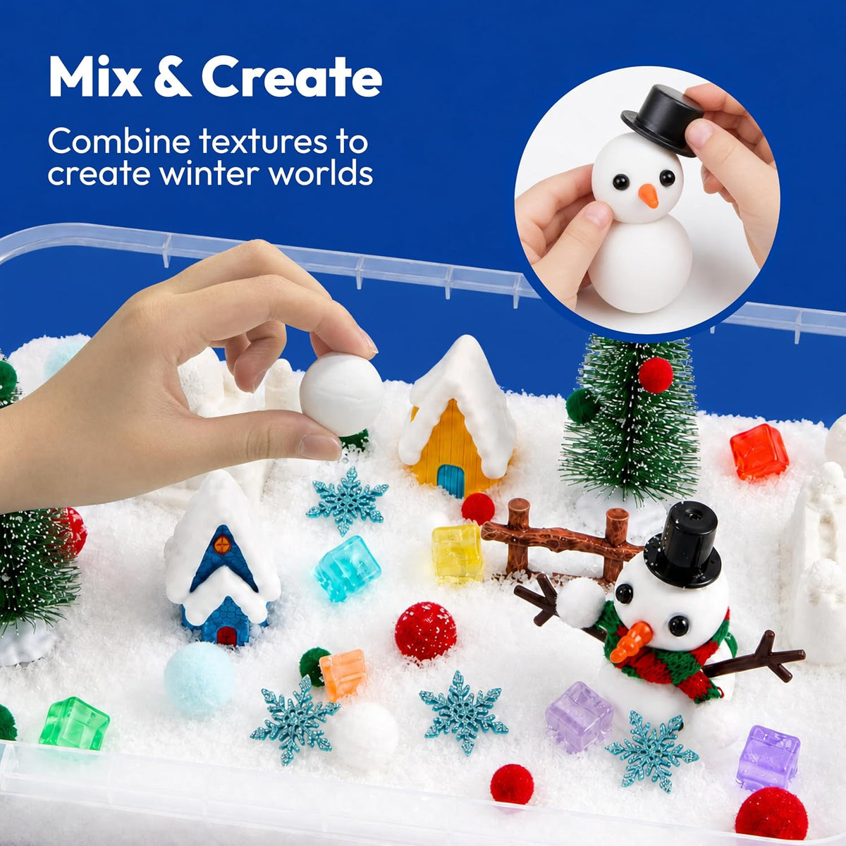 JOVA Klever Kits - Contenedor sensorial de nieve para niños, con piedras que brillan en la oscuridad, kit de nieve falsa del mundo de invierno con figuras de animales árticos