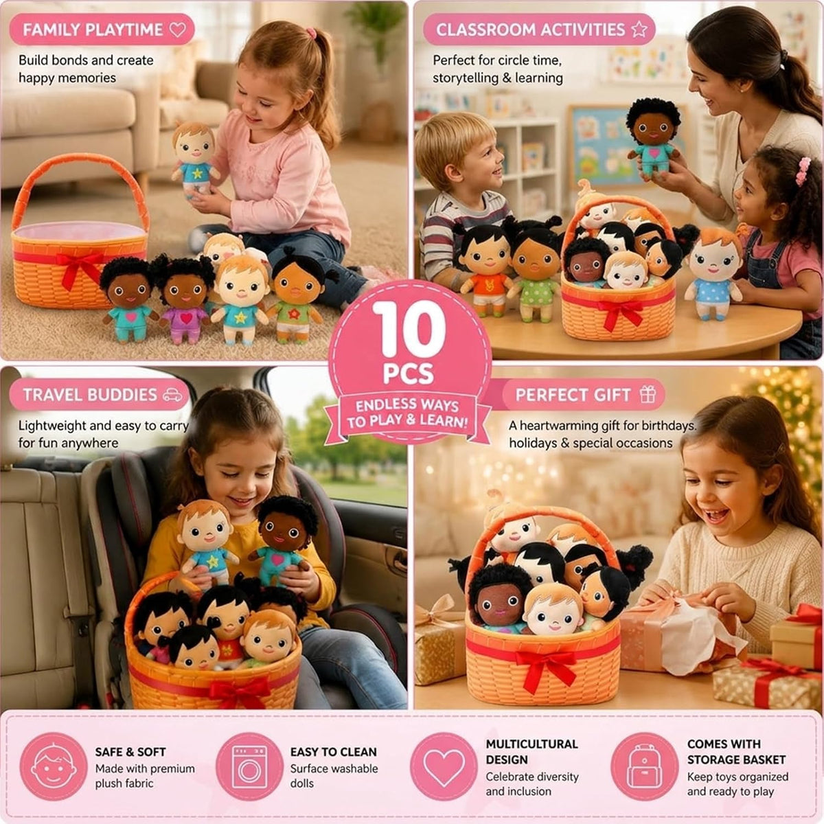 HyDren - 10 muñecos de peluche multiculturales con canasta