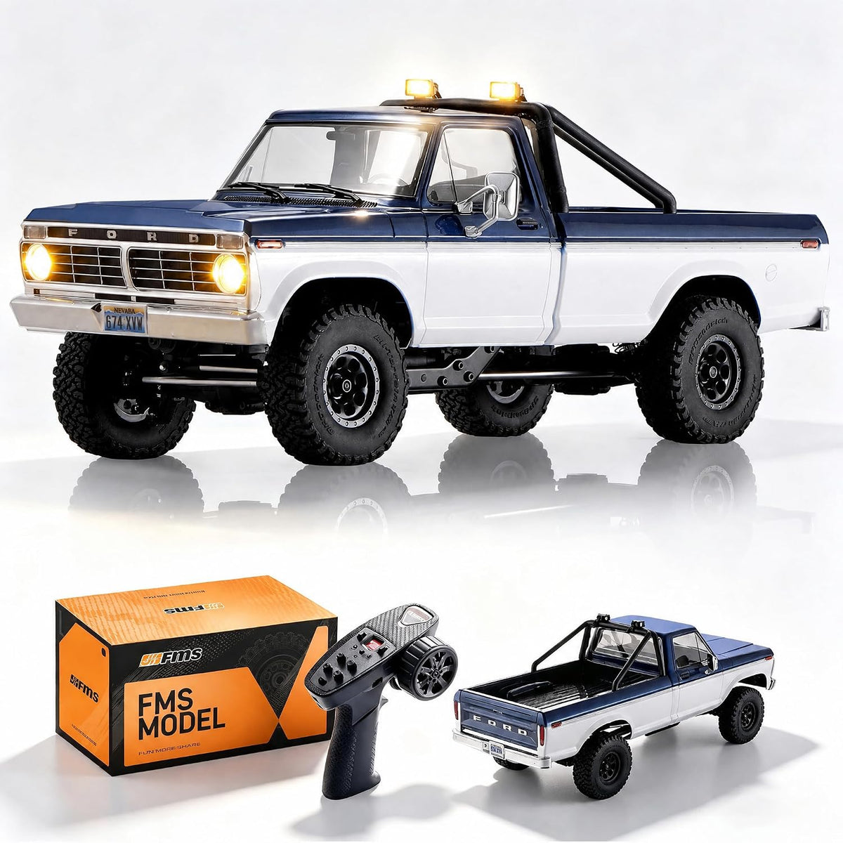 FMS FCX18 II Ford F-100 1/18 RC Crawler, RTR Camión RC Hobbygrade 4x4 Offroad Mini Rock Crawler con transmisión de 2 velocidades, engranajes de metal, luces LED para adultos y