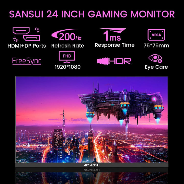 SANSUI - Monitor para juegos de 24 pulgadas, 1 ms, 200 Hz, monitor...