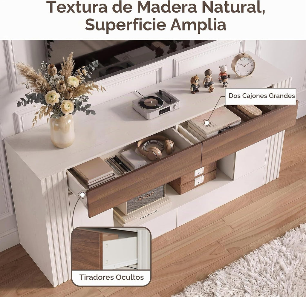 Moderno soporte de TV de 70 pulgadas para televisores de hasta 80 pulgadas, centro de entretenimiento con 2 cajones y 2 armarios laterales, consola multimedia con estantes de almacenamiento