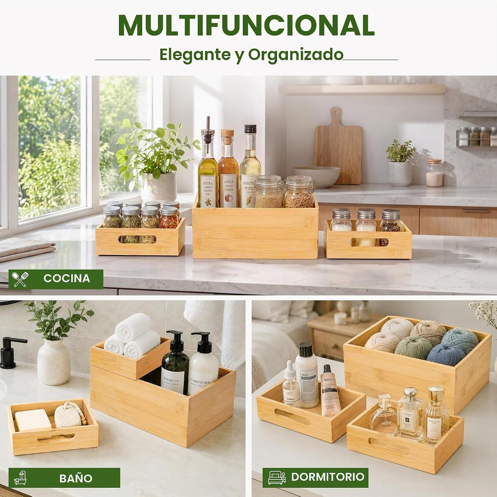 HOMESTEAD - Caja de almacenamiento apilable de bambú de 3 piezas, contenedor de almacenamiento grande, cajas de madera para cajones de maquillaje, baño, suministros de oficina, utensilios de cocina