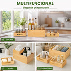 HOMESTEAD - Caja de almacenamiento apilable de bambú de 3 piezas, contenedor de almacenamiento grande, cajas de madera para cajones de maquillaje, baño, suministros de oficina, utensilios de cocina