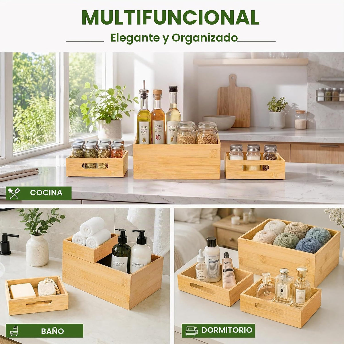 HOMESTEAD - Caja de almacenamiento apilable de bambú de 3 piezas, contenedor de almacenamiento grande, cajas de madera para cajones de maquillaje, baño, suministros de oficina, utensilios de cocina