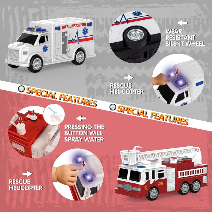 COVTOY Paquete de 4 vehículos de emergencia con luces y