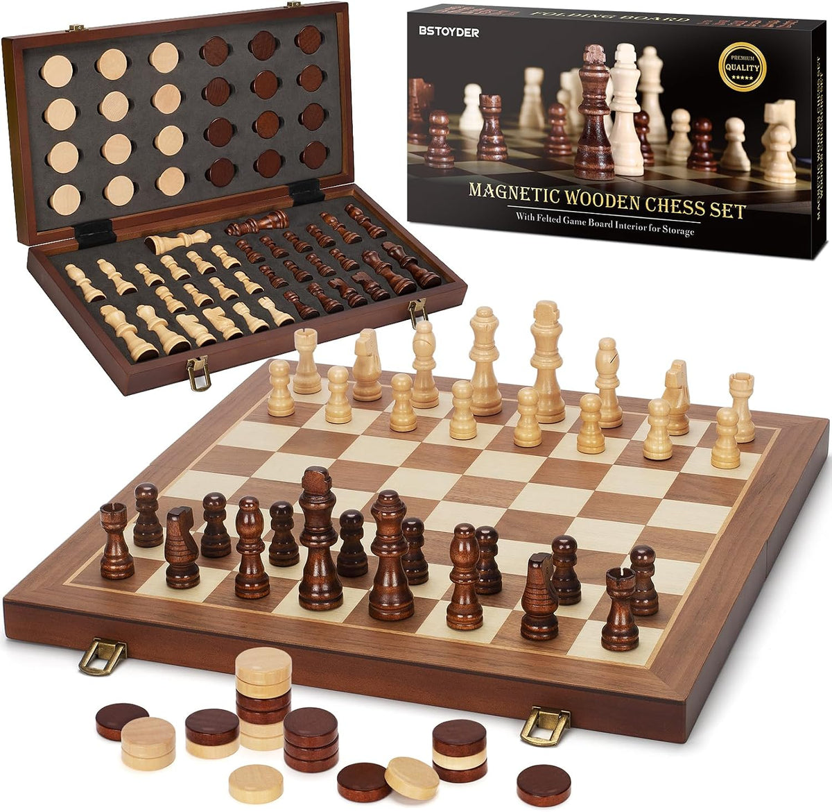 Juego de mesa de ajedrez y damas de madera magnética 2 en 1, tableros de ajedrez plegables de 15" con 2 reinas extra, juegos de ajedrez de viaje portátiles con ranuras de almacenamiento para piezas