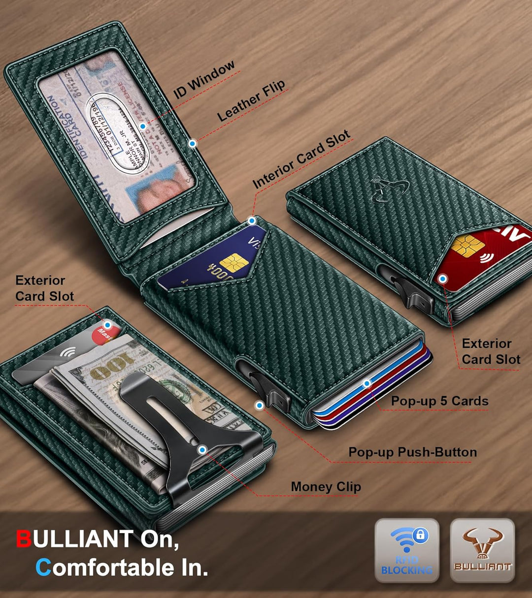 Cartera BULLIANT para hombre, cartera con clip de dinero delgada pa...