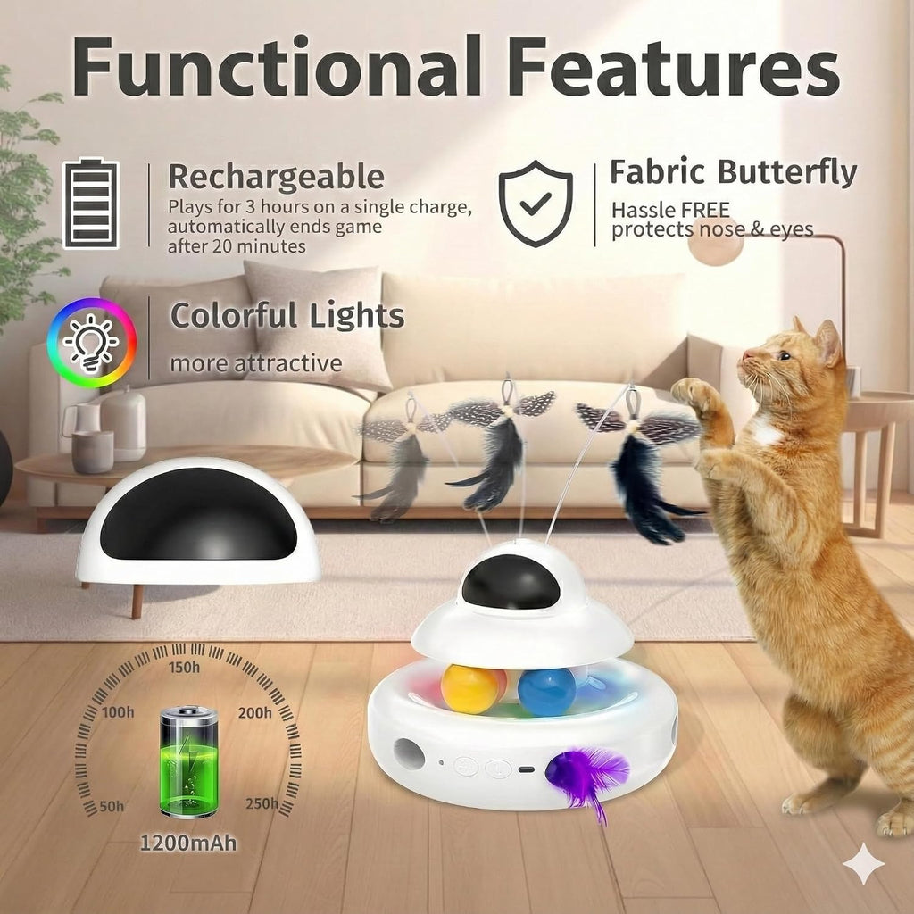 MOHAYA Juguetes para gatos, juguete interactivo 4 en 1 para gatos de interior con láser, mariposa aleteante, plumas en movimiento y bolas de pista, juguete para gatitos recargable por USB (blanco)