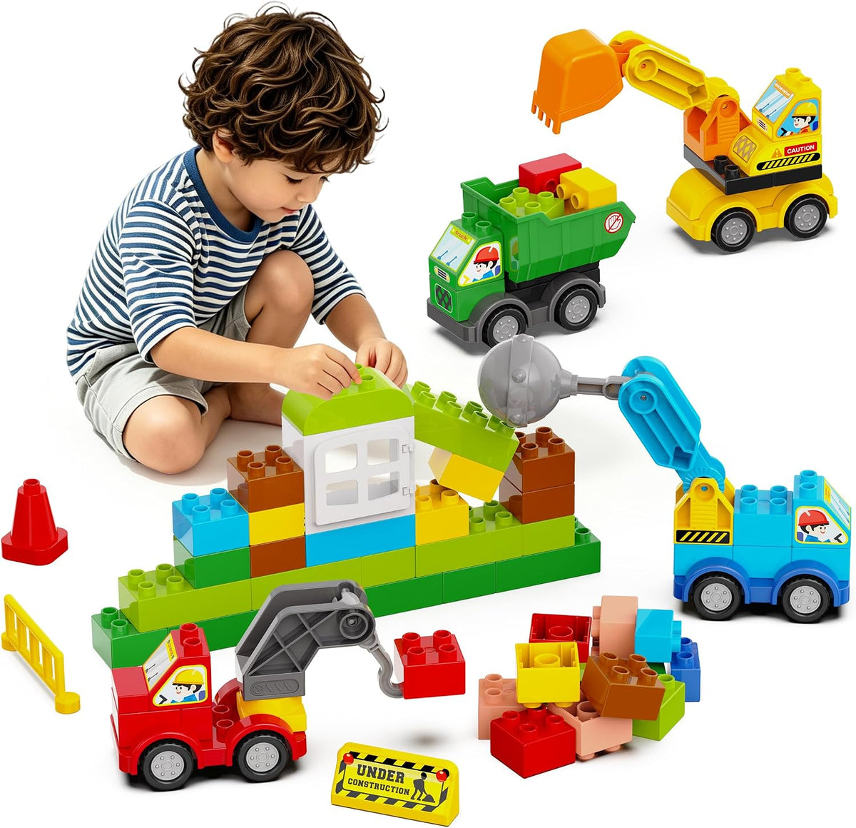 Juego de 100 bloques de construcción con 4 camiones, regalo para