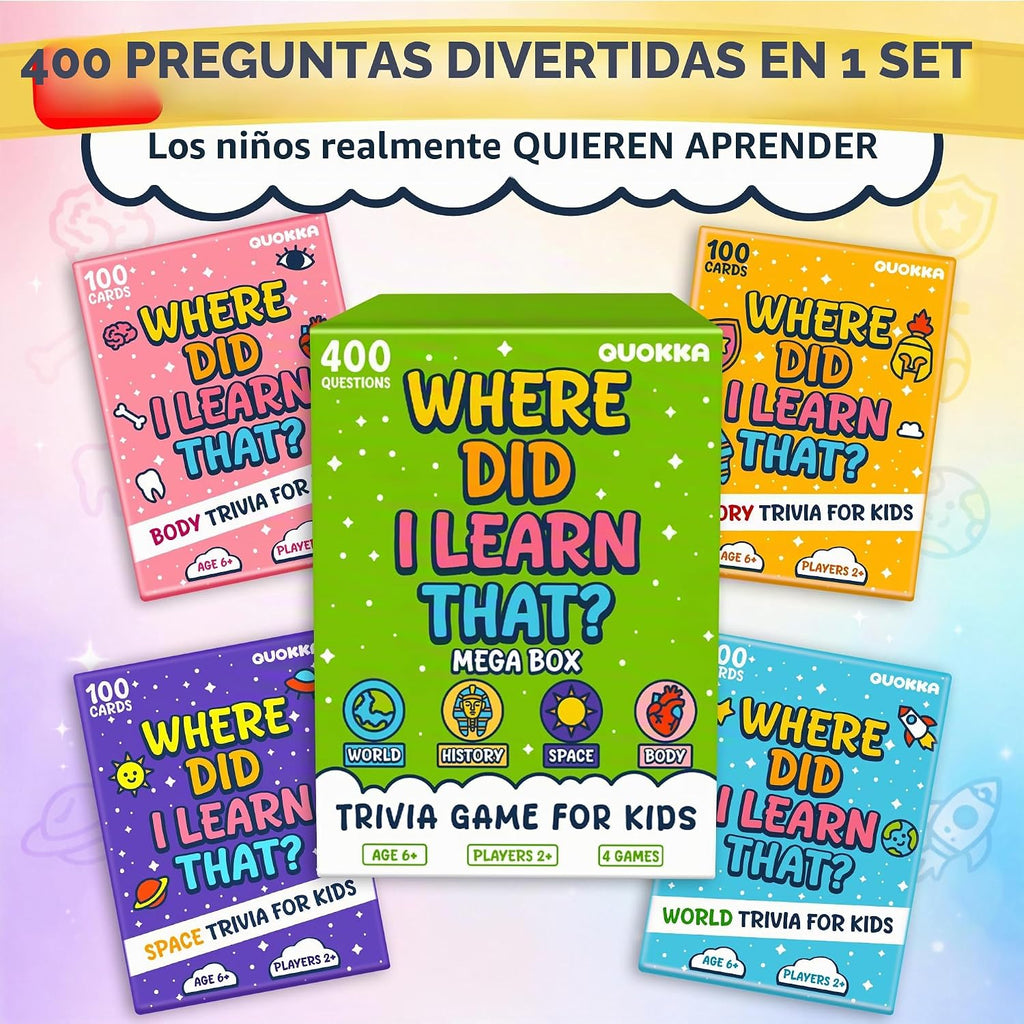 Quokka Juegos de preguntas para niños - 4 Set Mundo, Espacio, Historia y