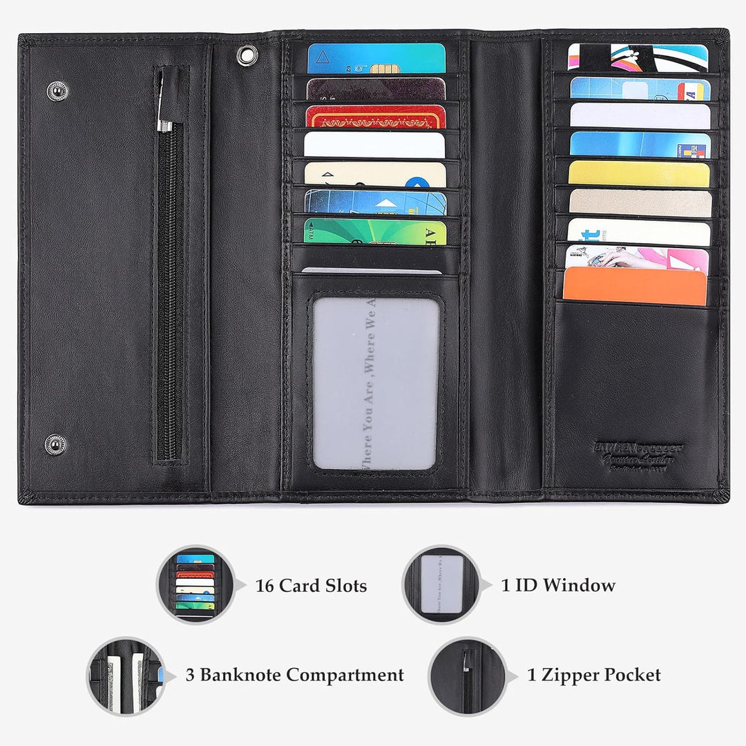 Cartera larga triple para hombres, Rfid Cartera de cuero genuino pa...