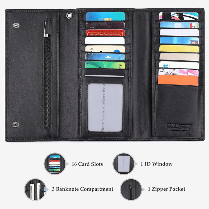 Cartera larga triple para hombres, Rfid Cartera de cuero genuino pa...