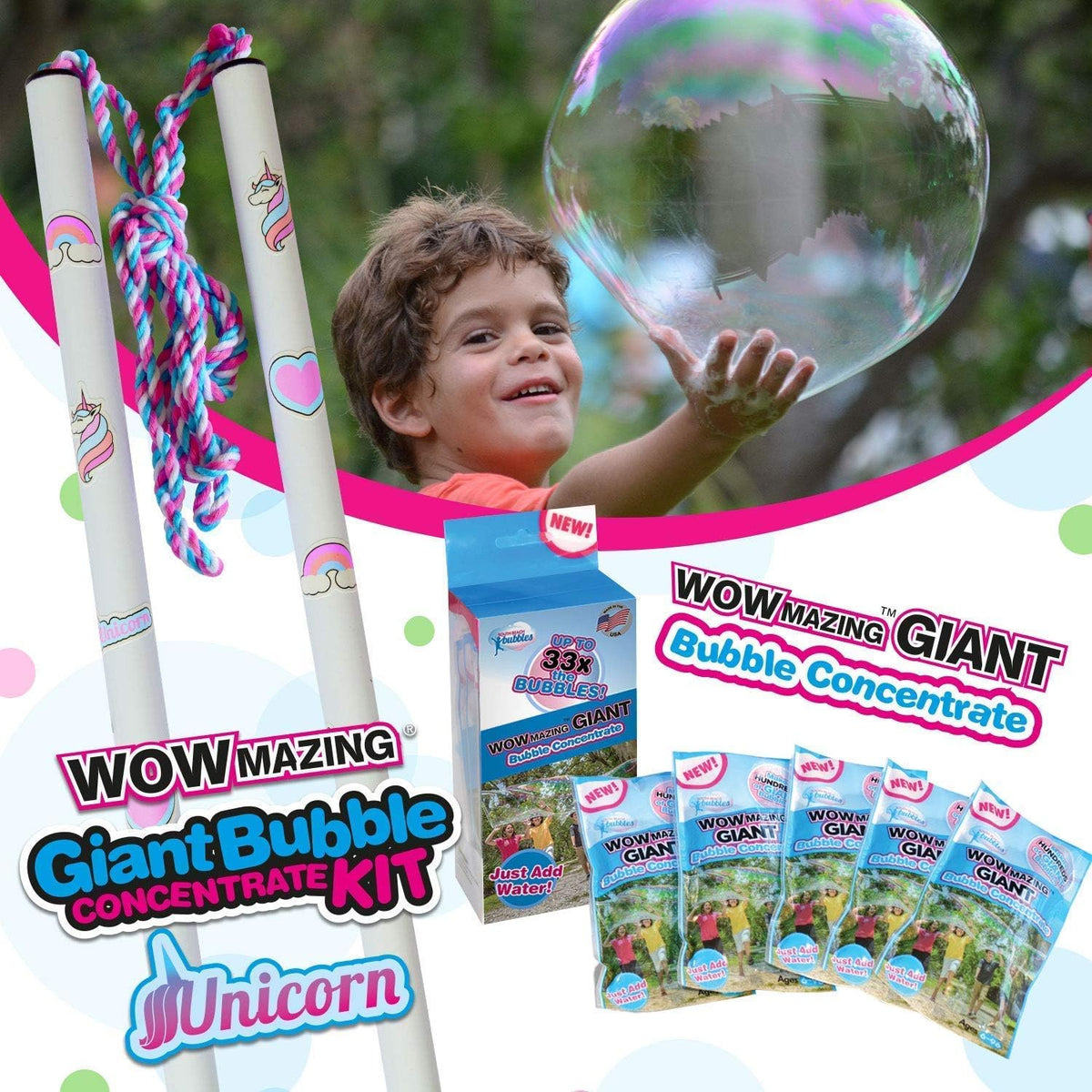 Kit de burbujas gigantes de unicornio, incluye varita, 7 bolsas de concentrado de burbujas y 8 calcomanías activadas por el sol, juguete de burbujas para exteriores para niños, burbujas