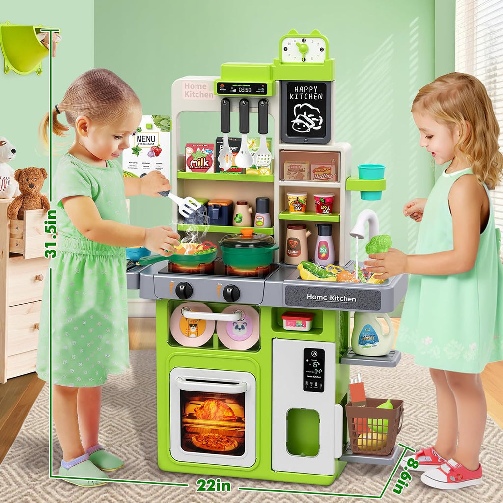 Juego de cocina para niños, juego de cocina para niños pequeños con sonido y luz, estufa de cocina con vapor, fregadero de juegos, juguete de comida y accesorios de cocina, juguete de cocina para niños y niñas (31.5 x 22 x 8.6 pulgadas)