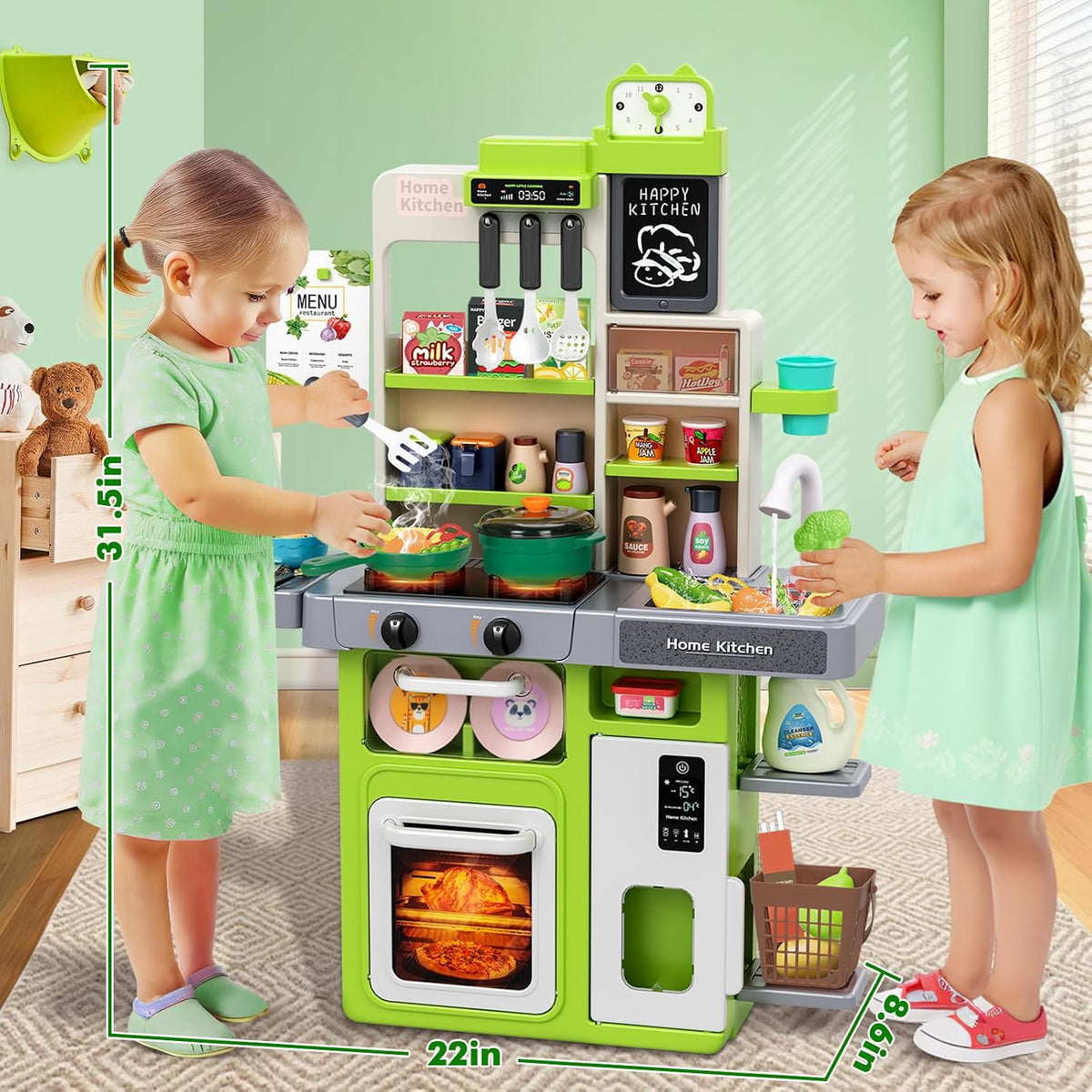 Juego de cocina para niños, juego de cocina para niños pequeños con sonido y luz, estufa de cocina con vapor, fregadero de juegos, juguete de comida y accesorios de cocina, juguete de cocina para niños y niñas (31.5 x 22 x 8.6 pulgadas)