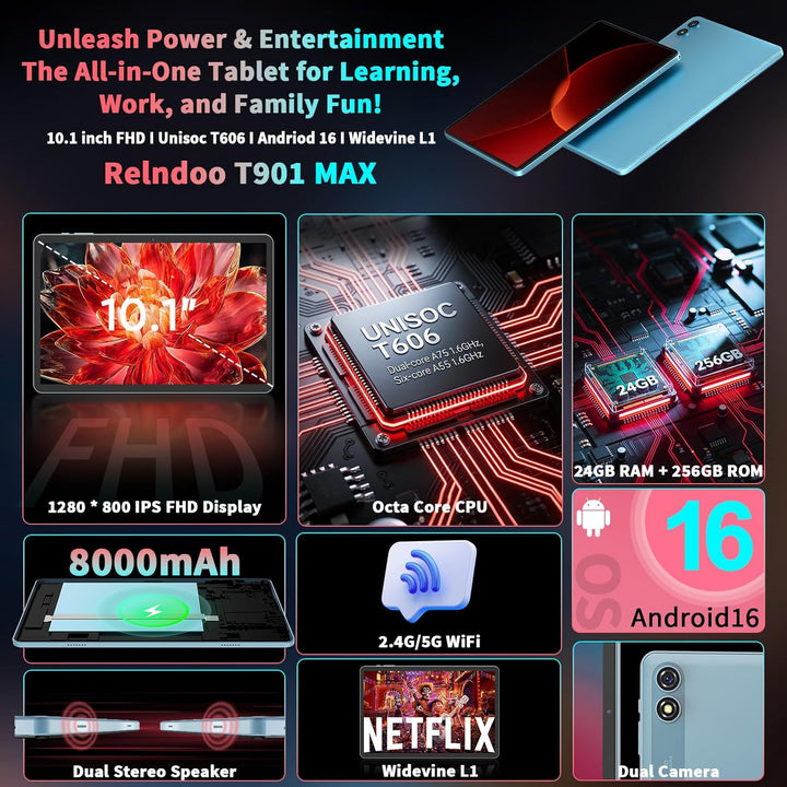 Relndoo 2026 Tablet Android 16 con teclado, tableta de 10 pulgadas...