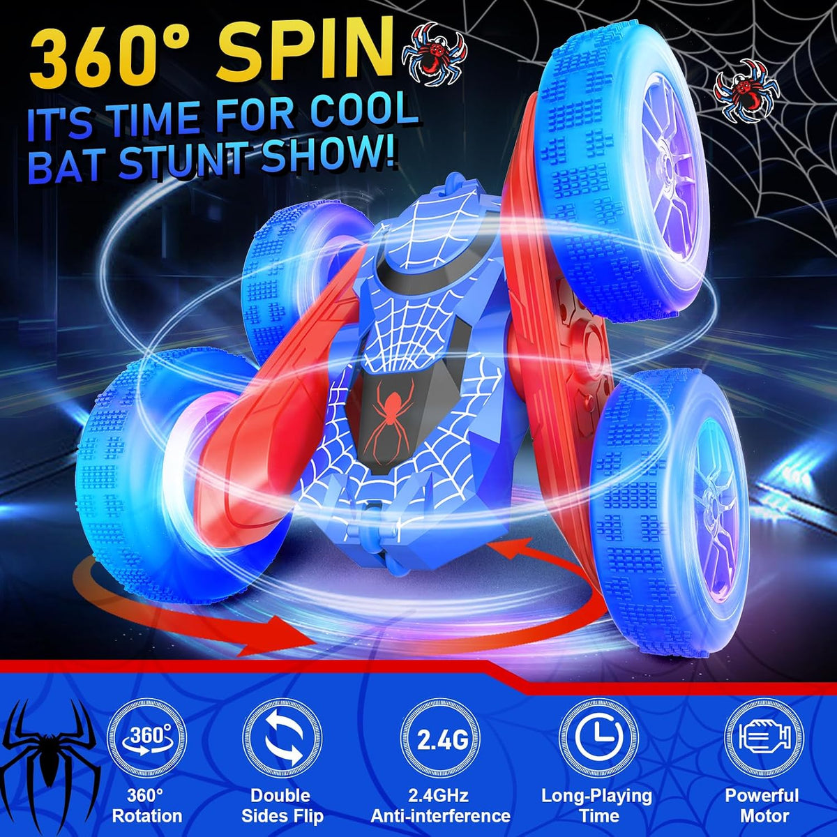 NQD - Coche de control remoto de araña - Vehículo de acrobacia RC de doble cara con rotación de 360° y luces en las ruedas, autos RC todoterreno 4WD de 2.4Ghz recargables para interiores/exteriores