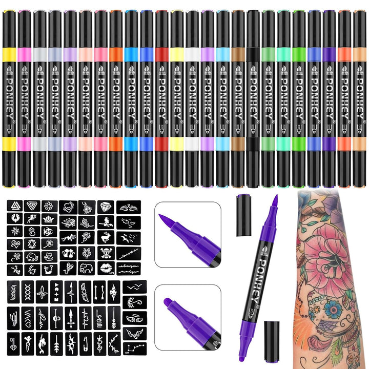 Ponhey Marcadores temporales de tatuaje para piel, 24 marcadores co...