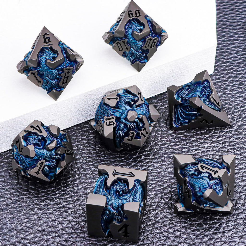 Juego de dados DND de dragones 3D con caja de regalo, dados D y D de metal para uso con juegos de rol D&D, juego de dados poliédricos de mazmorras D20 D12 D10 D8 D6 D4 (negro azul)