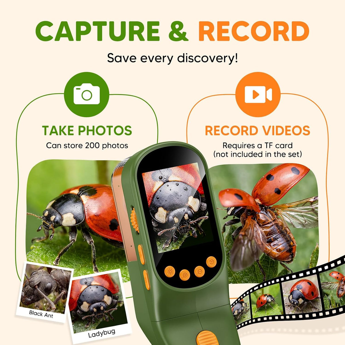 Cazador de insectos para niños con microscopio para niños, cámara de zoom 500X