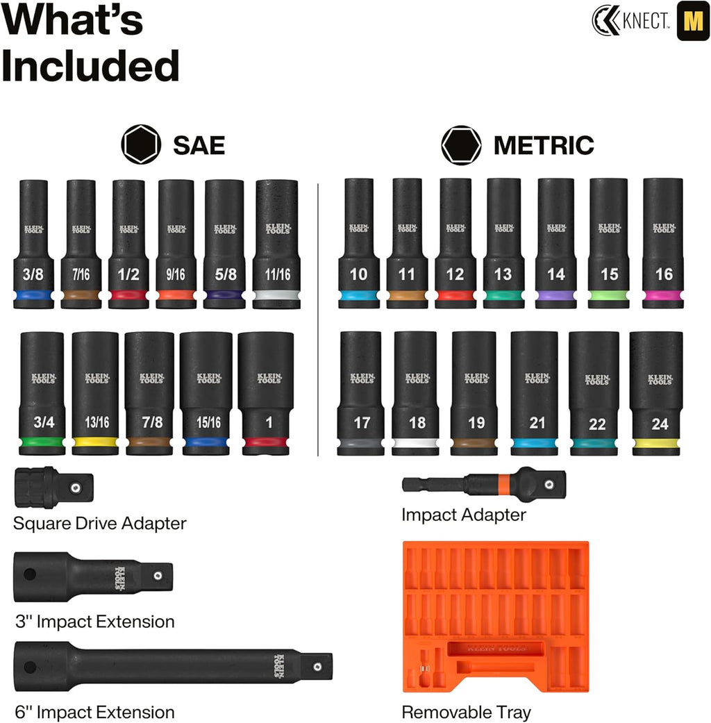 Klein Tools 65123HD KNECT - Juego de llaves de impacto para pozos profundos, unidad de 1/2 pulgada, SAE y métrico, juego de herramientas de 28 piezas, destornillador de impacto de 1/4 de pulgada