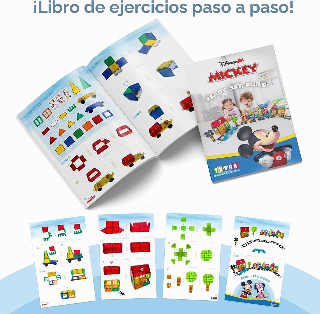 Tytan Juego oficial de azulejos magnéticos de tren gigante de Mickey Mouse Junior de Disney – 112 piezas de juguete STEAM con cubos magnéticos, bases con ruedas, calcomanías reutilizables y manual de