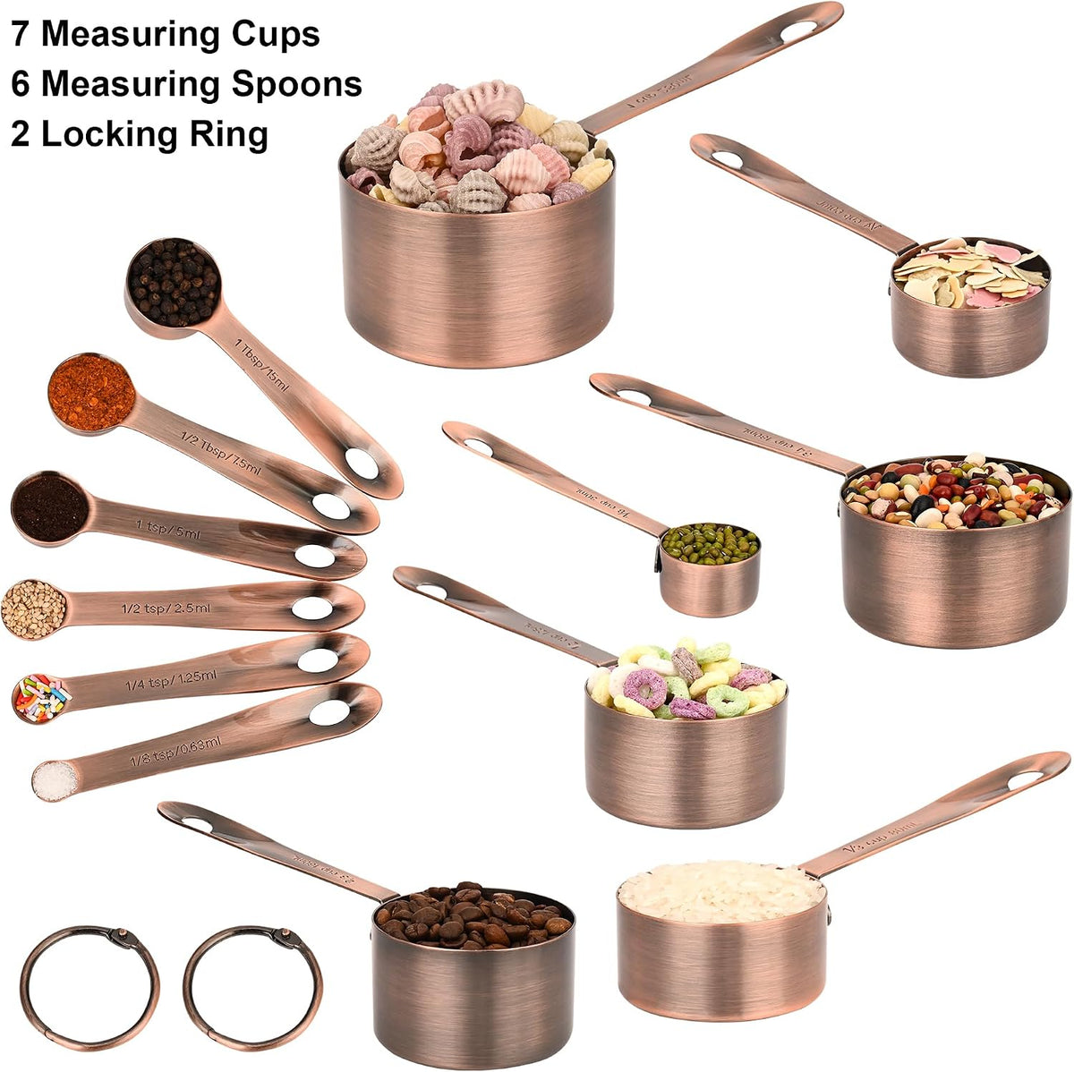 Juego de Tazas y Cucharas Medidoras Smithcraft, Juego de Tazas y Cucharas Medidoras de Cobre para Hornear y Cocina, Taza Medidora y Cuchara de Acero Inoxidable para Seco y Líquido, Juego de 7 Tazas