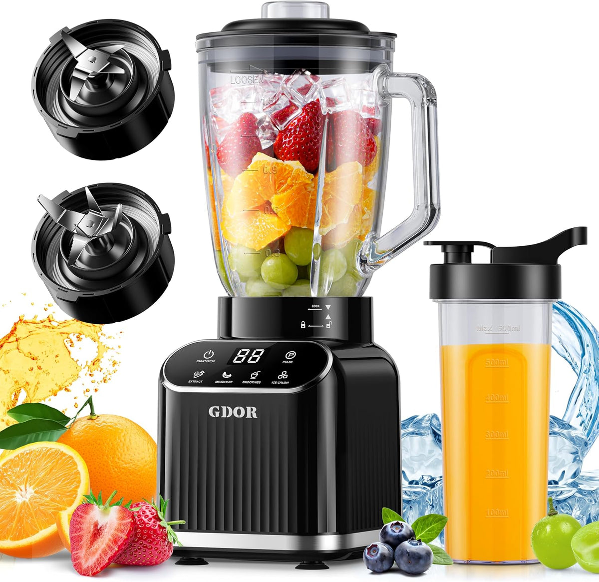 GDOR Batidora de batido para cocina, licuadora de vidrio de 1200 W con 5