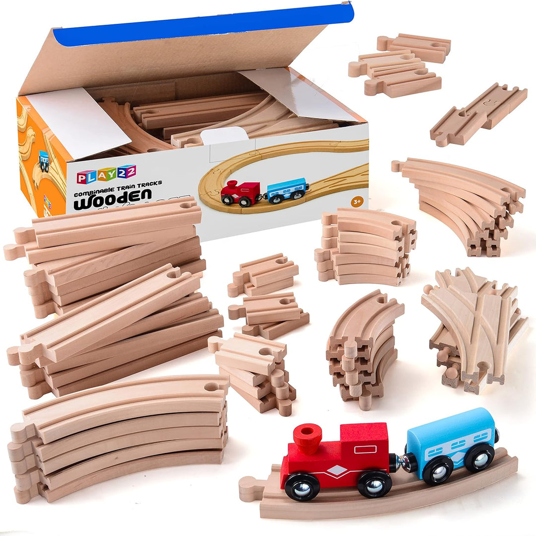 Play22 Vías de tren de madera 52 piezas 2 trenes de